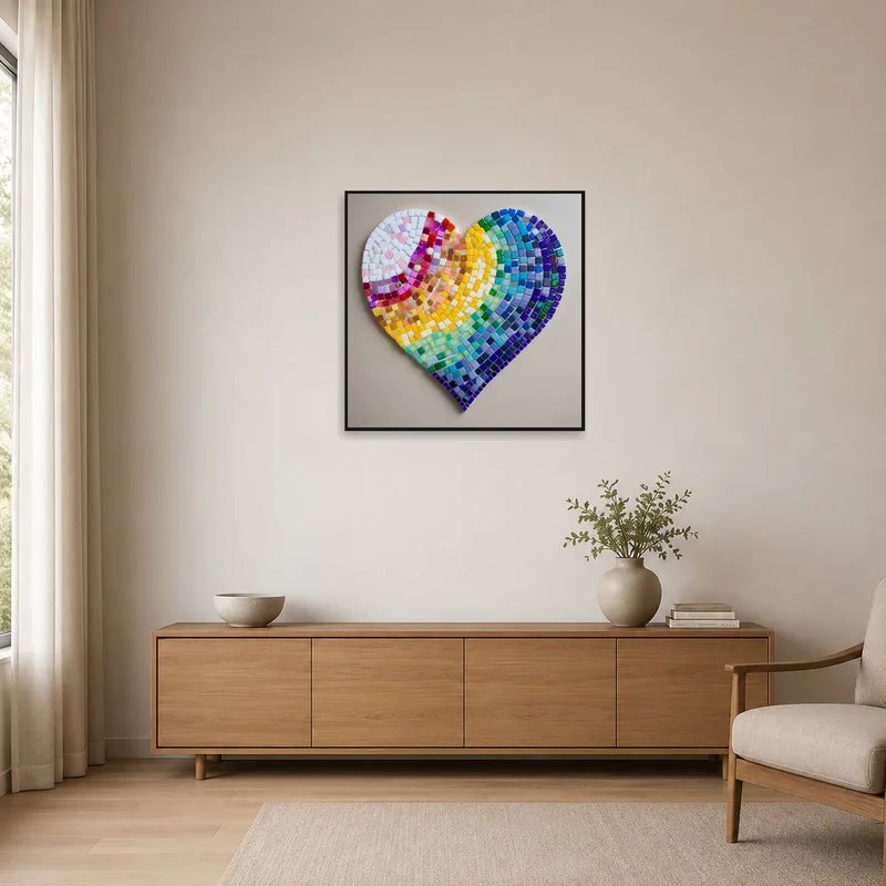 Vibrant heart mosaic art displayed in a minimalist room.