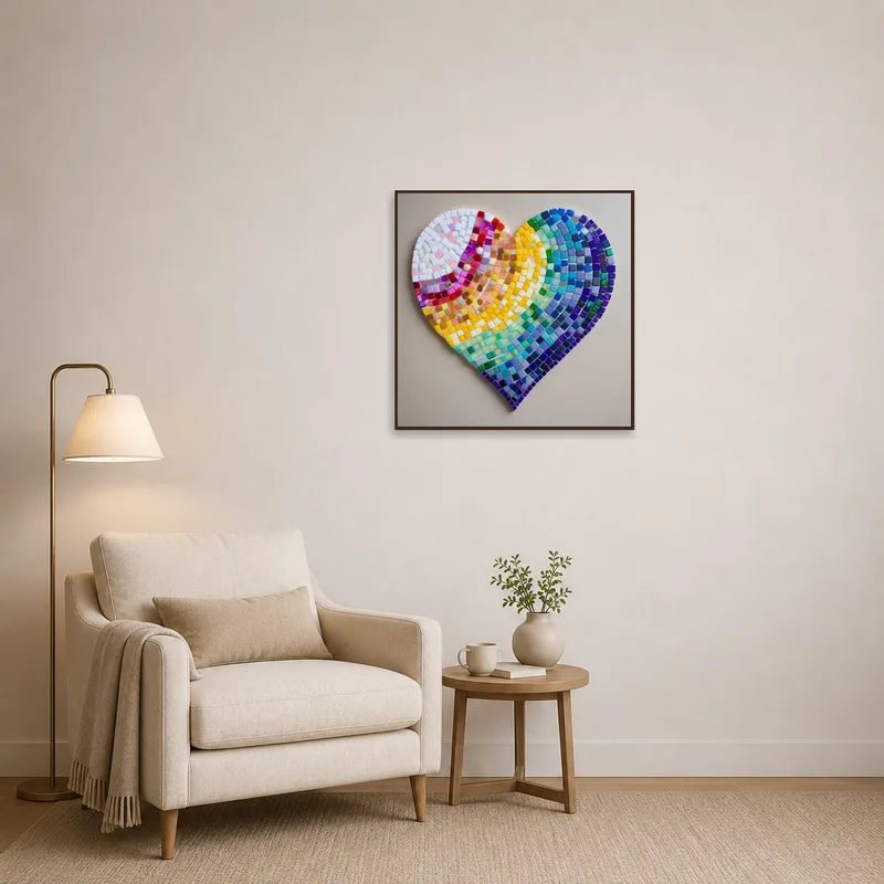 Reading corner with a bright heart mosaic art print on the wall.