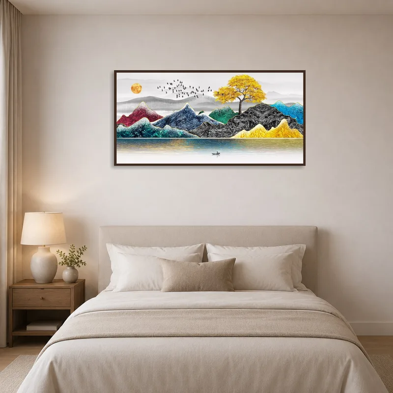 Serene mountain landscape art above a peaceful bedroom.