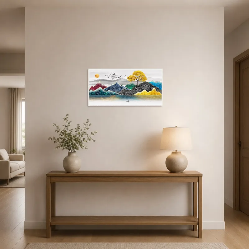 Mountain and tree scene greeting guests in an entrance hall.