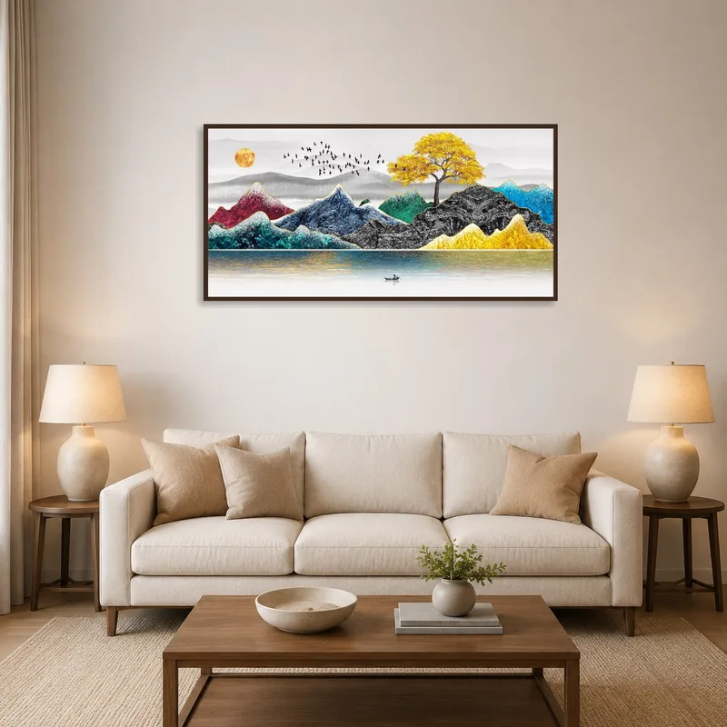 Colorful mountain and tree landscape art in a cozy living room.