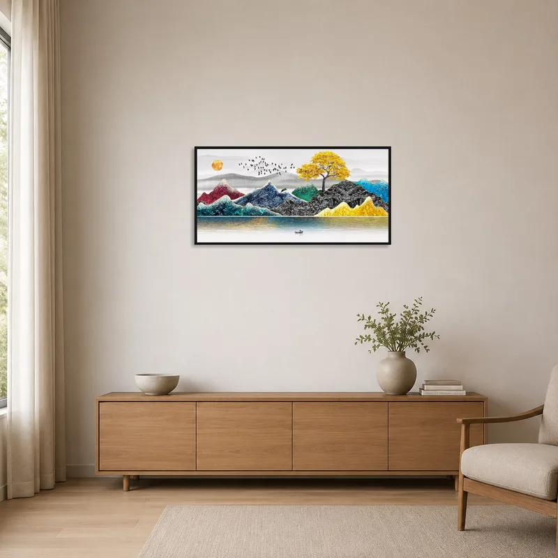 Vibrant nature art adding color to a minimalist room.