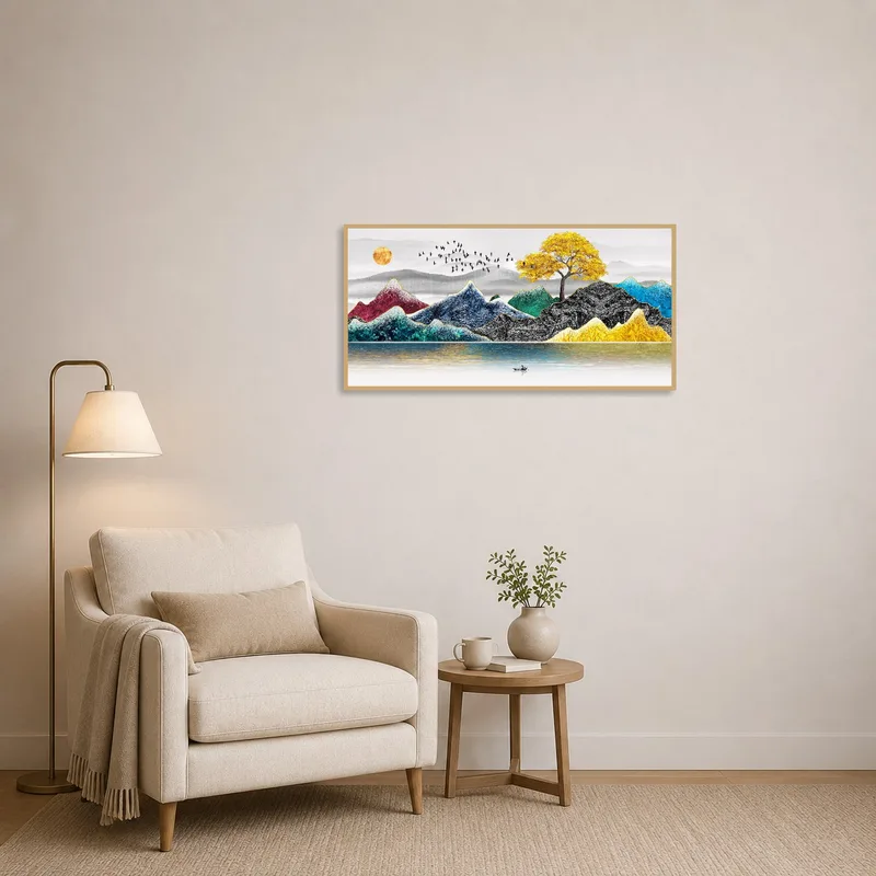 Nature-inspired art enhances a tranquil reading corner.
