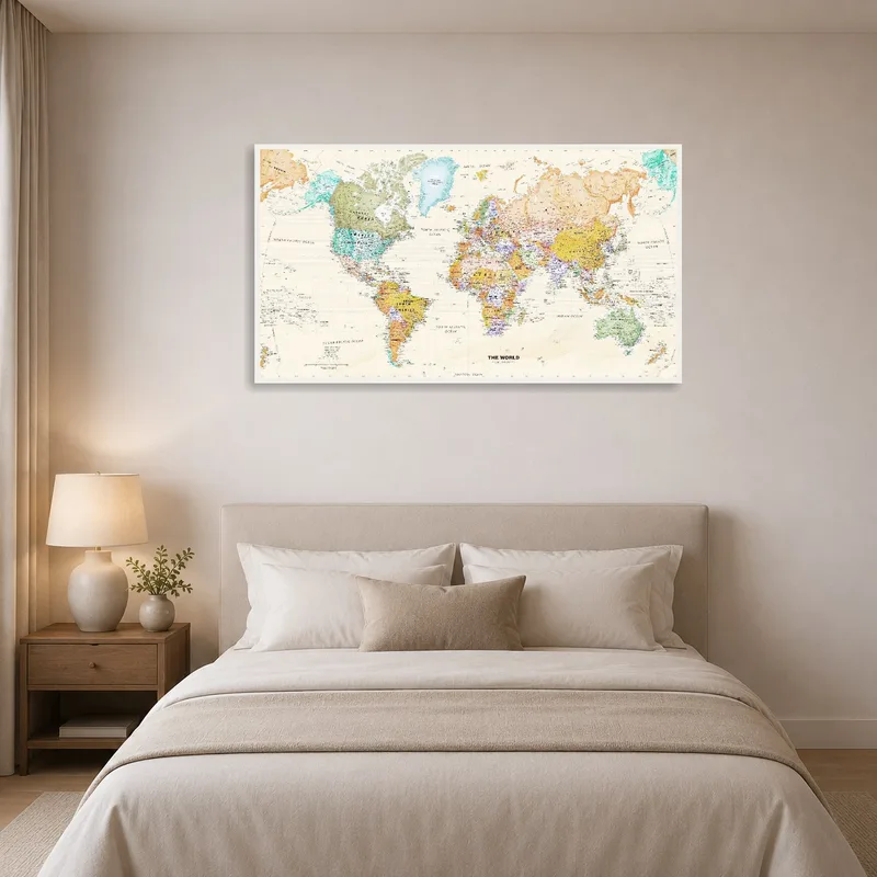 Bright world map art print brings energy and interest to the bedroom wall.