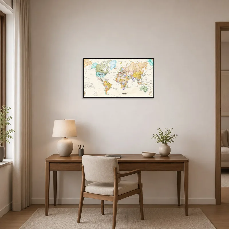A vivid world map art print inspires creativity in the home office setting.