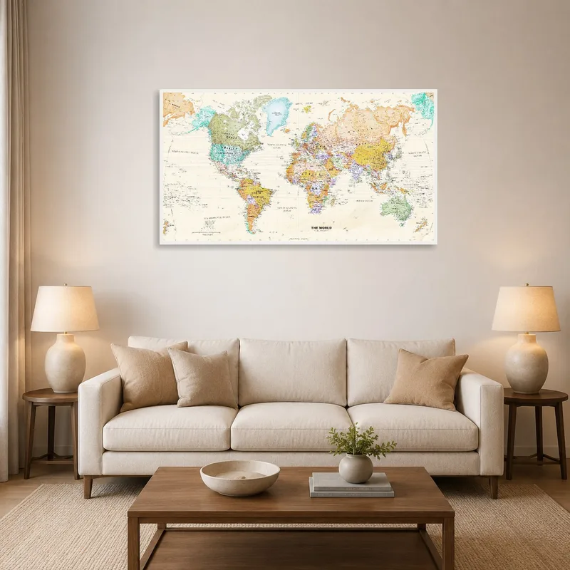 A vibrant world map art print on the wall above a cozy couch in the living room.