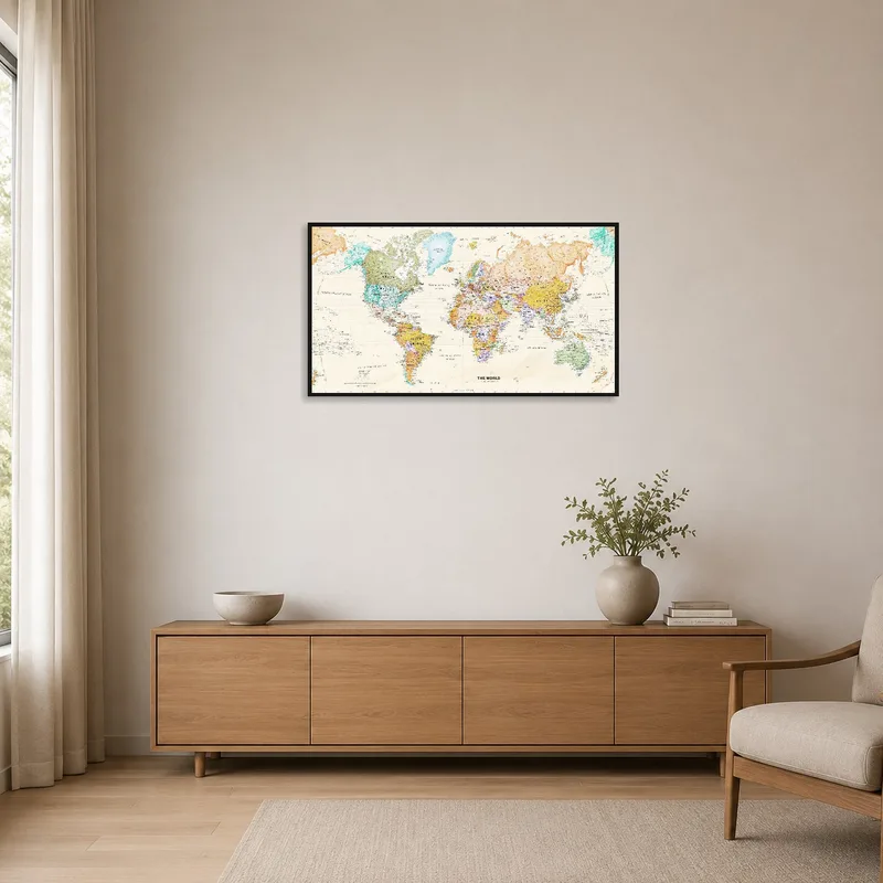 The colorful map art print stands out against neutral walls in a minimalist setting.