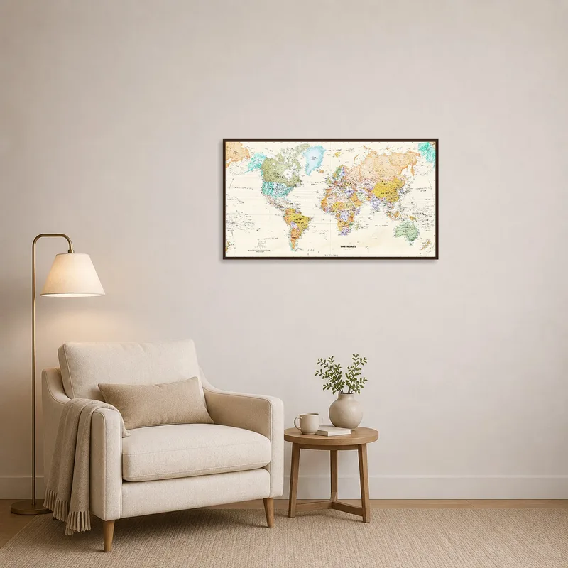 The world map art print adds a splash of color to a quiet reading corner.