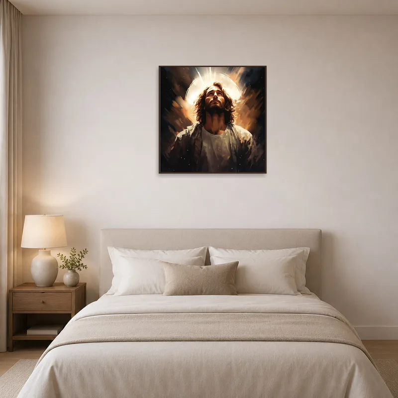 A soothing bedroom setting is complemented by a haloed portrait above.