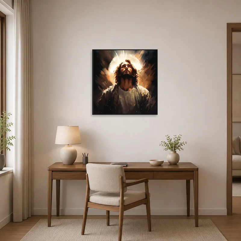The home office is given a thoughtful touch by a contemplative portrait.