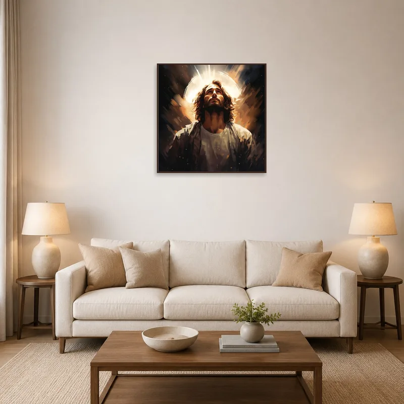 Wall art with a haloed portrait enhances the living-room's ambiance.