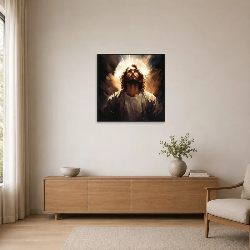 Minimalist space accentuated by a radiant haloed portrait on the wall.