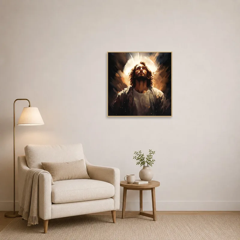 A serene portrait with a radiant halo adds depth to the reading corner.