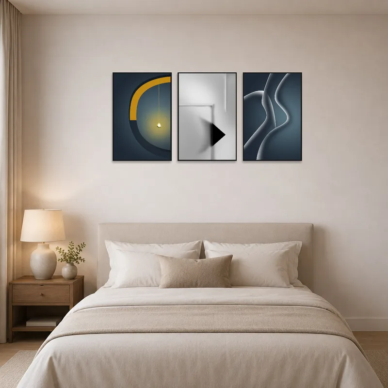 Contemporary abstract prints complement a serene bedroom atmosphere.