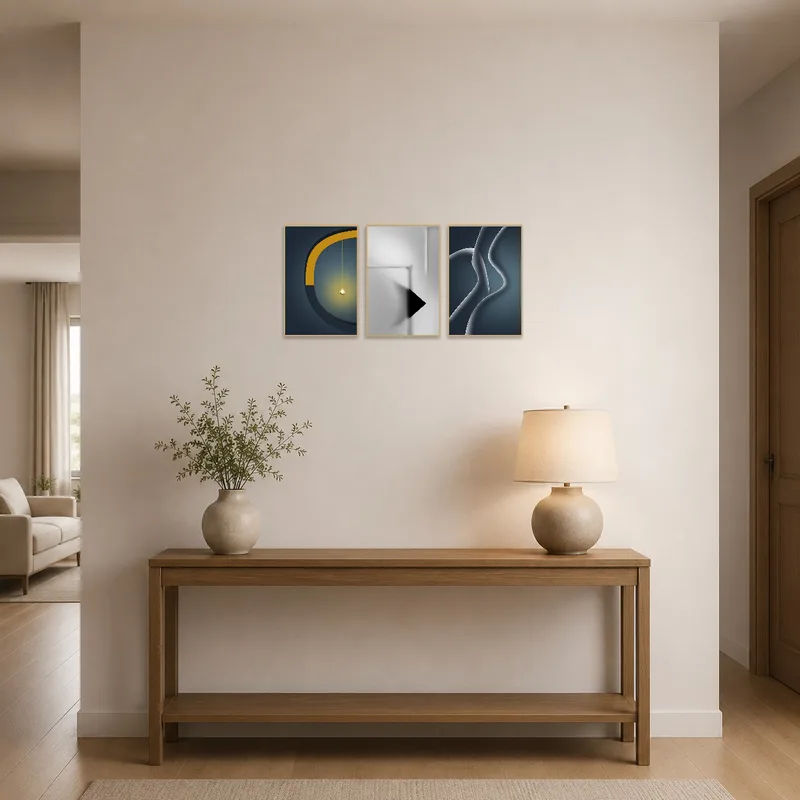 Abstract art set adds a touch of elegance to a stylish entrance hall.