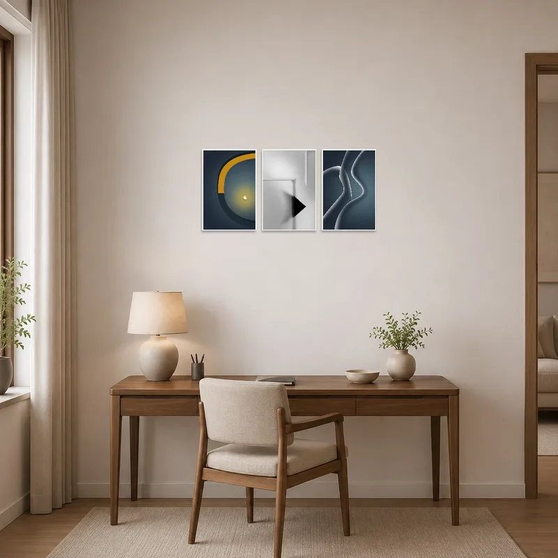 Abstract triptych set injects creative energy into a productive home office.
