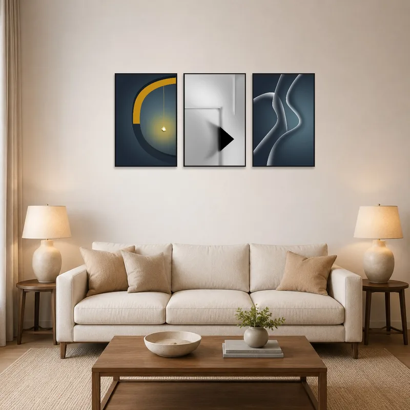 Contemporary abstract art triptych displayed above a modern sofa in a living room.
