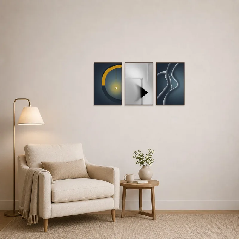 Triptych set brings a modern flair to a cozy reading corner.