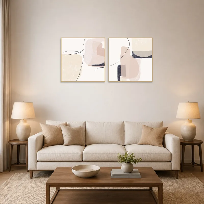 Set of neutral abstract art pieces above a modern sofa in a living area.