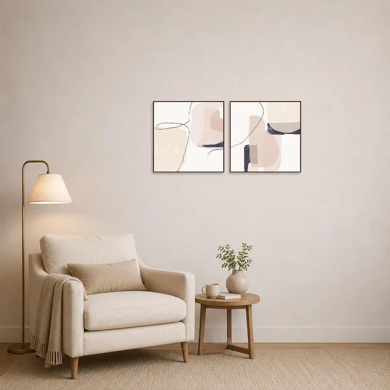 Pairs of abstract art prints adding interest to a cozy reading nook.