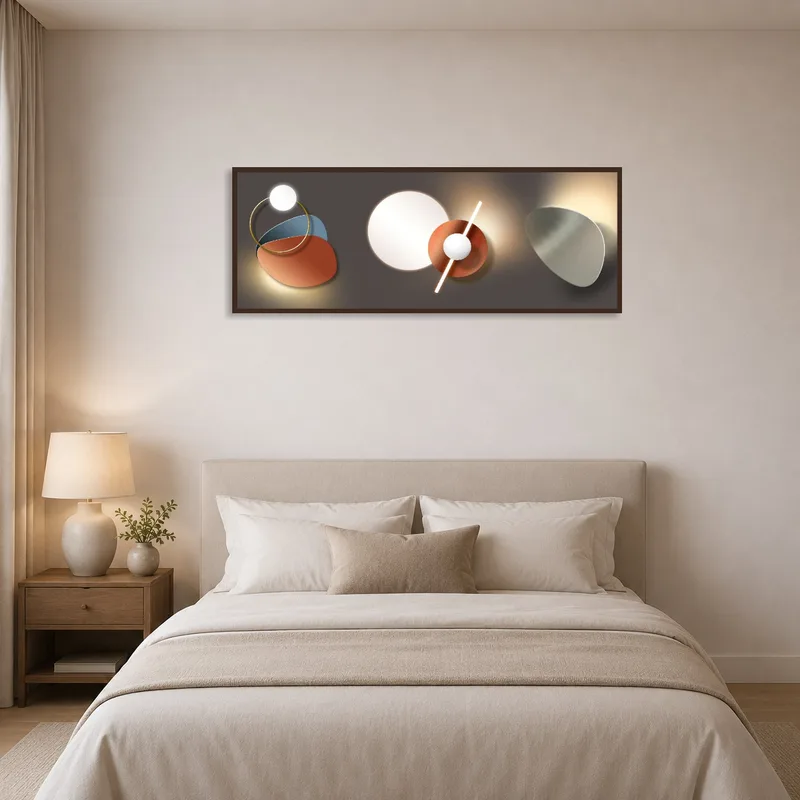 Abstract geometric art adding elegance to the bedroom space.