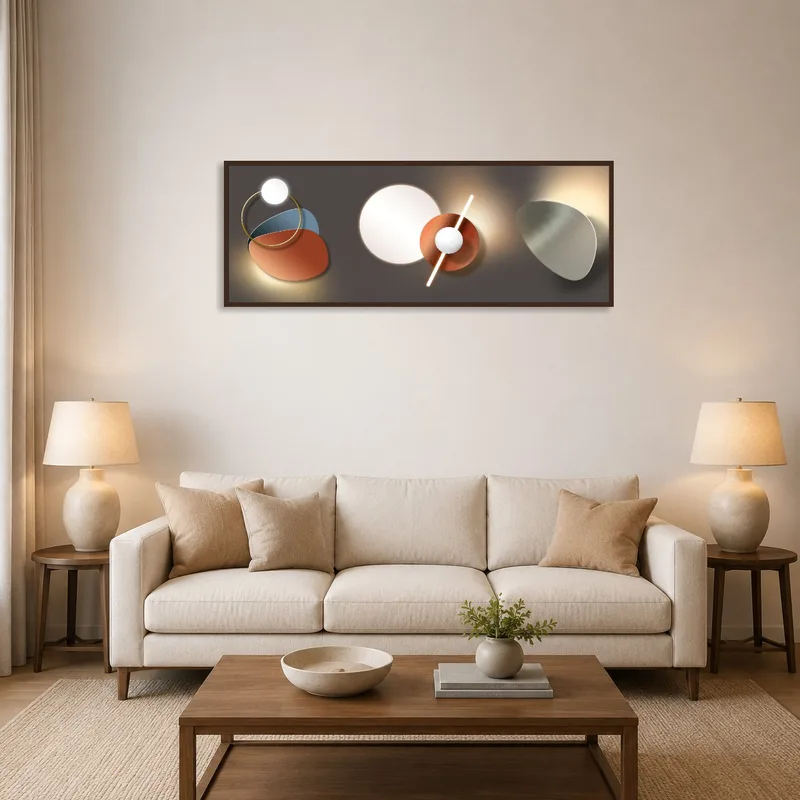 Abstract geometric art print in a modern living room setting.