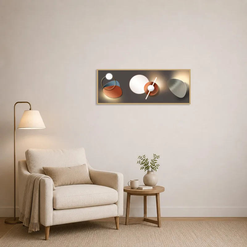 A cozy reading corner featuring abstract geometric art.
