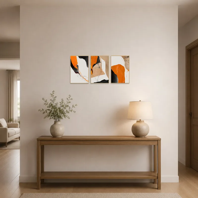 Colorful abstract triptych greeting visitors in the entrance hall.
