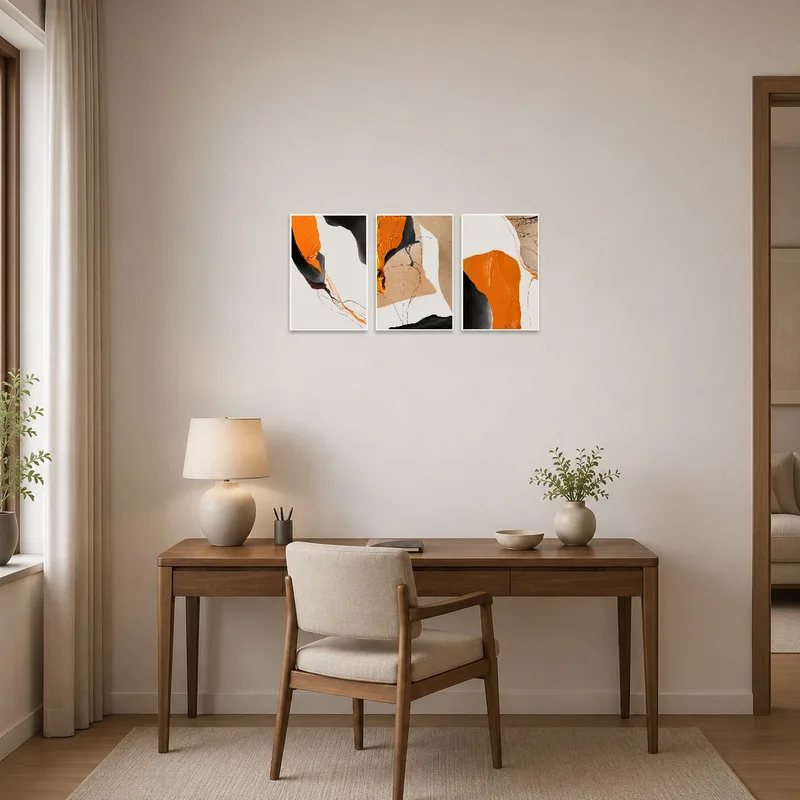 Boldly hued triptych adding vibrancy to a home office.