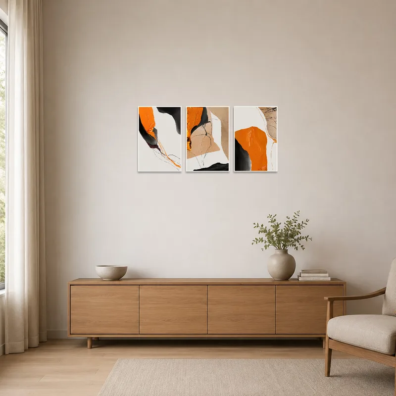 Bold abstract triptych contrasting a minimalist space.