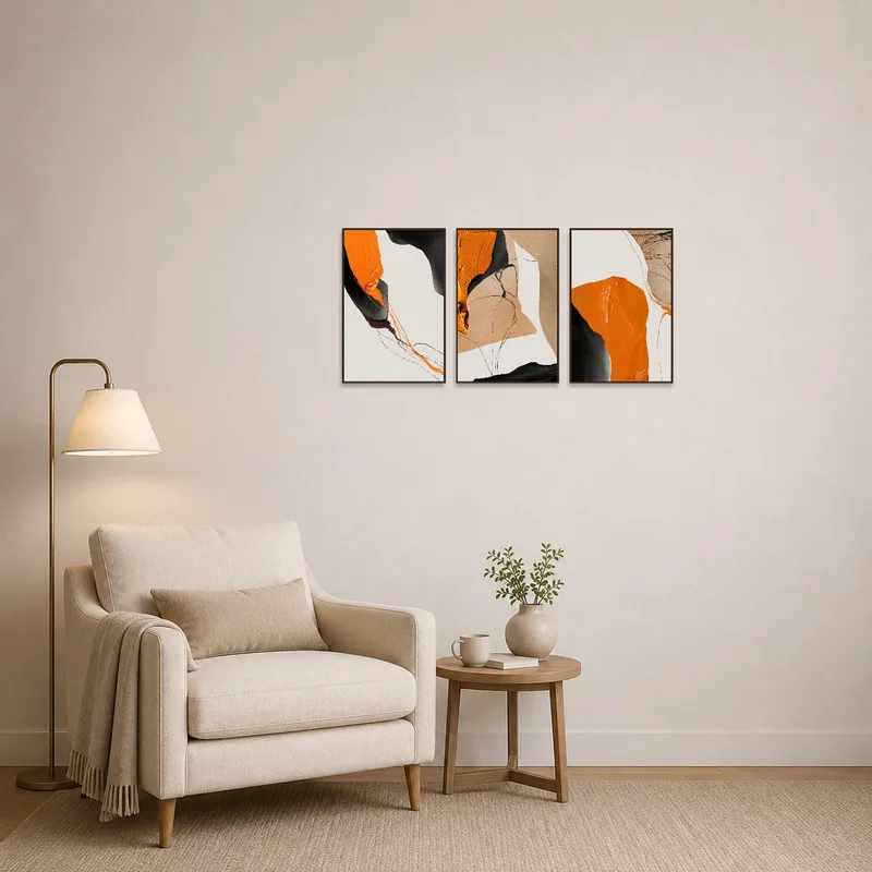 Bright abstract triptych adding energy to a cozy reading corner.