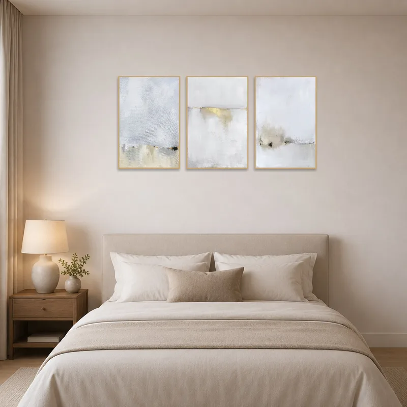 Contemporary artwork lends serenity to a tranquil bedroom.