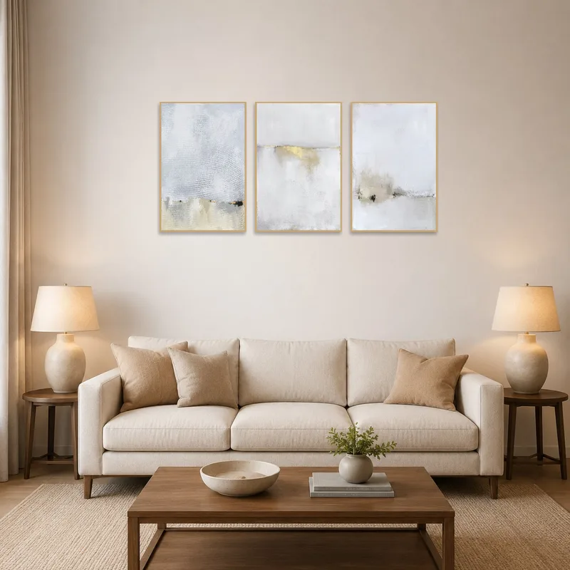 The triptych adds elegance to a modern living room with neutral tones.