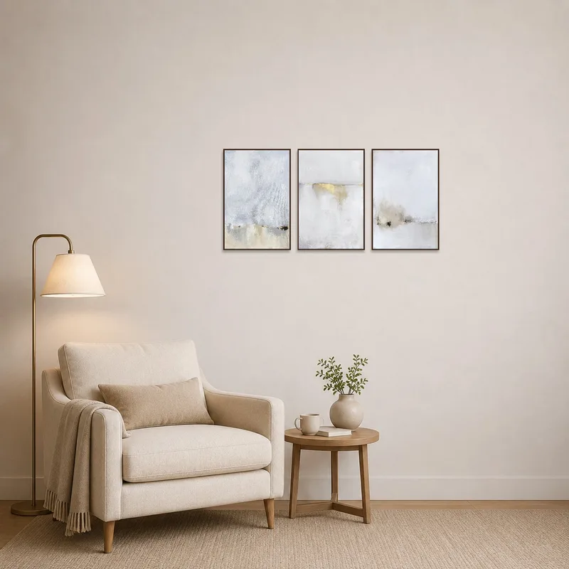 Abstract triptych brings calm to a cozy reading corner.