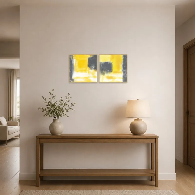 Yellow and gray abstract squares enhancing the entrance hall.
