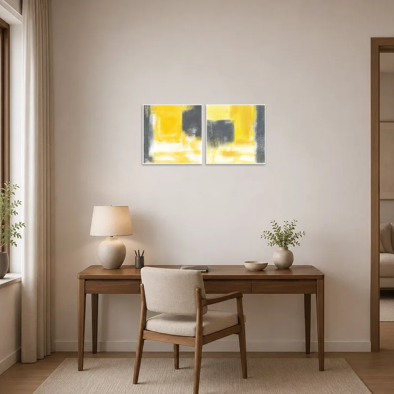 Yellow and gray abstract set energizing a home office space.
