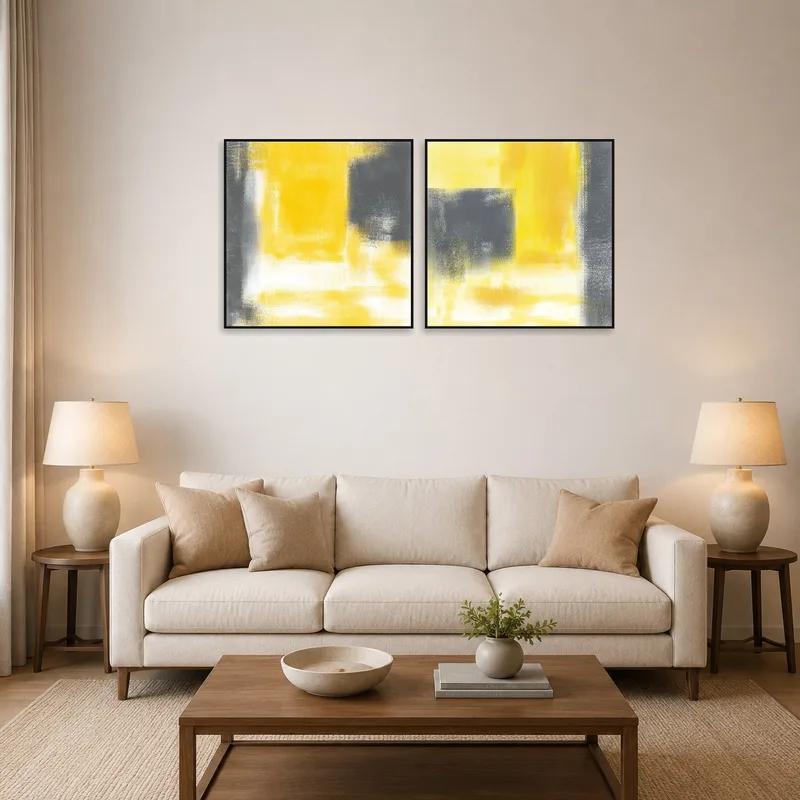 Abstract yellow and gray squares in a stylish living room setting.