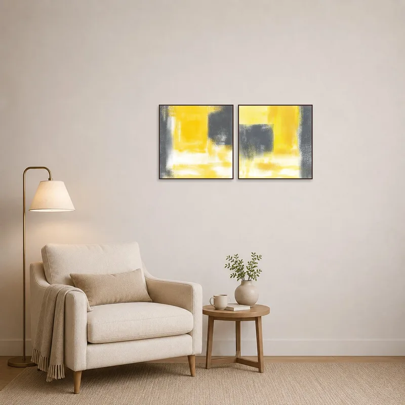 Contemporary abstract art brightening a cozy reading corner.