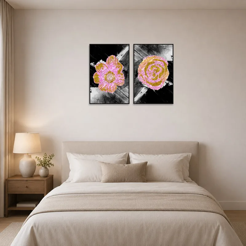 Elegant floral abstract art set brings a serene touch to the bedroom.
