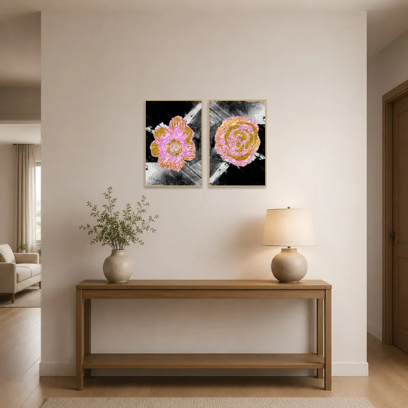 Contemporary abstract pieces greet with vibrant floral designs in the entrance hall.