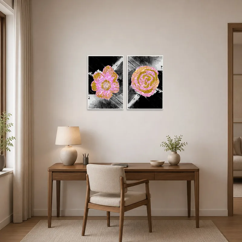 Abstract floral pieces brighten up a modern home office space.