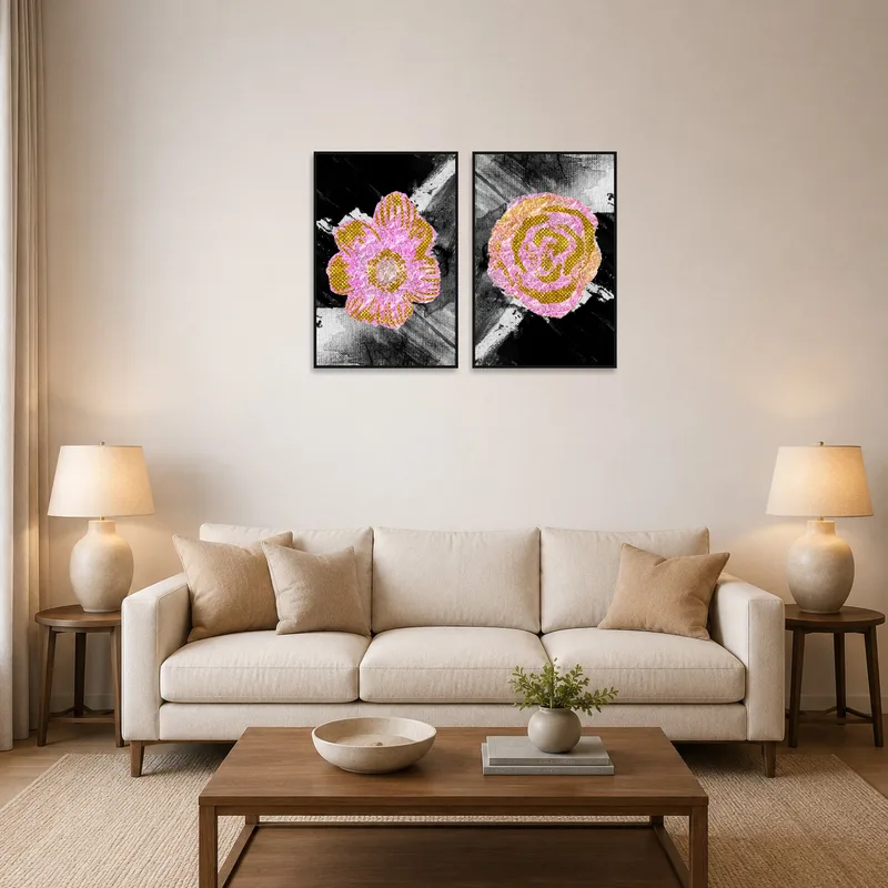 Set of contemporary floral abstract art on a living room wall with modern furnishings.