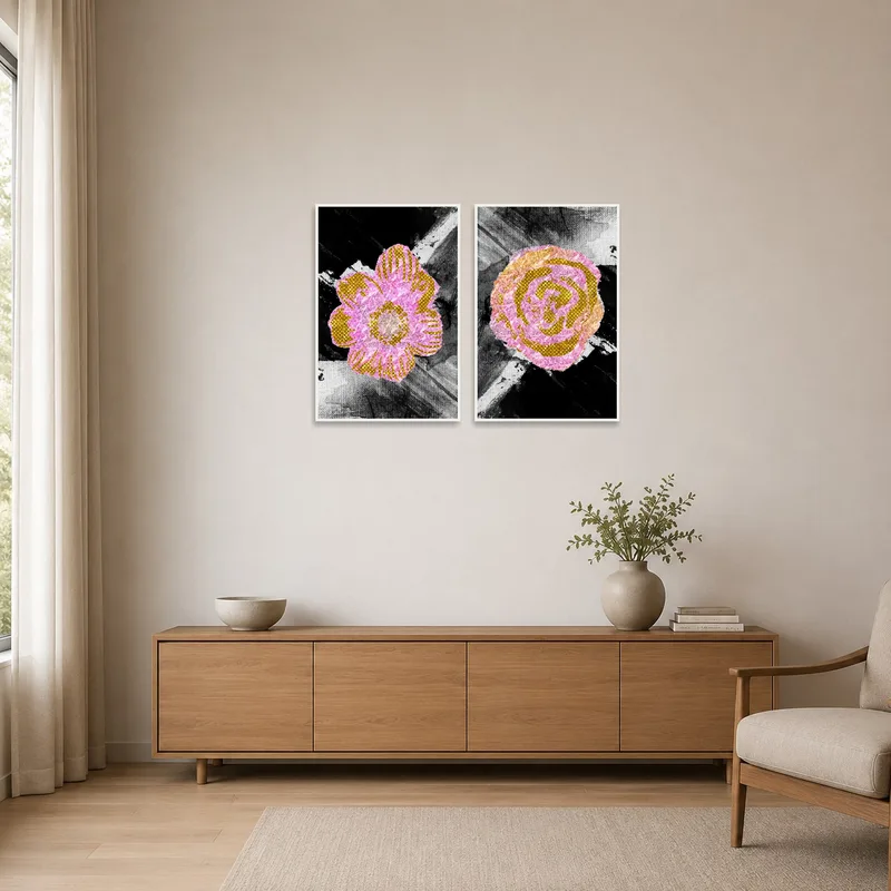 Floral abstract art set enhances the clean lines of a minimalist room.