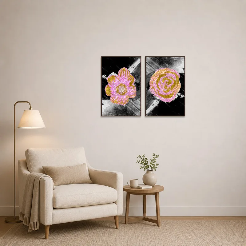 Floral abstract art adds a burst of color to a quiet reading corner.