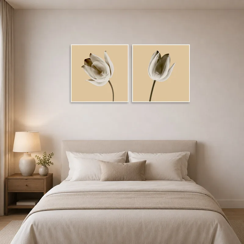 Subtle floral pieces creating a calming bedroom atmosphere.