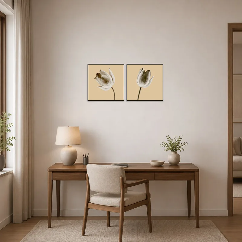 Artworks bringing elegance to a productive home office.