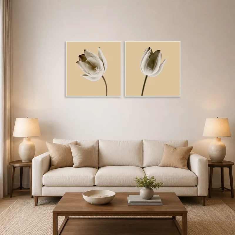 Soft-hued floral artwork enhancing a cozy living-room.