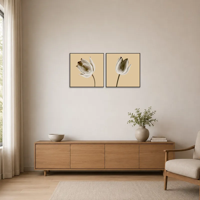 Floral artwork adding a gentle touch to a minimalist space.