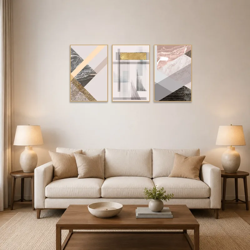 Contemporary geometric abstract triptych art in a stylish living room.