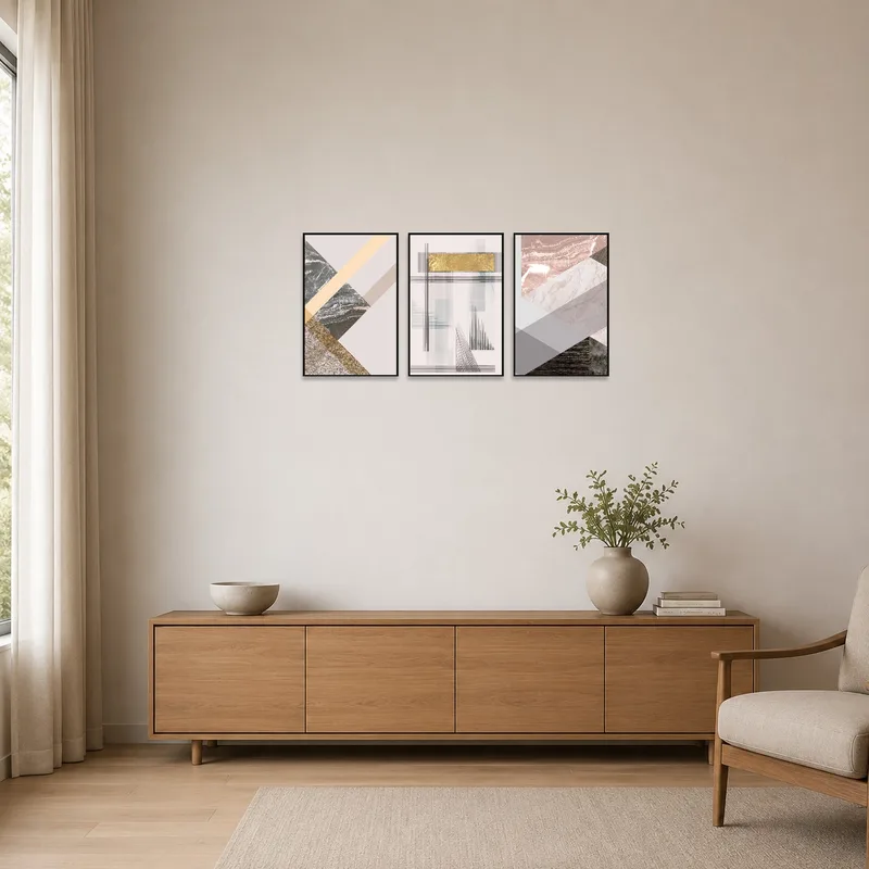 Modern geometric abstract triptych art in a minimalist setting.